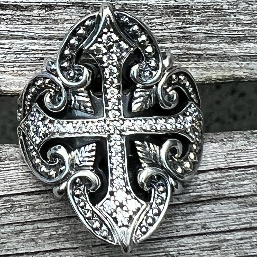 Scott Kay  Sterling Silver CZ Diamonique Filagree Cross Ring Size 7